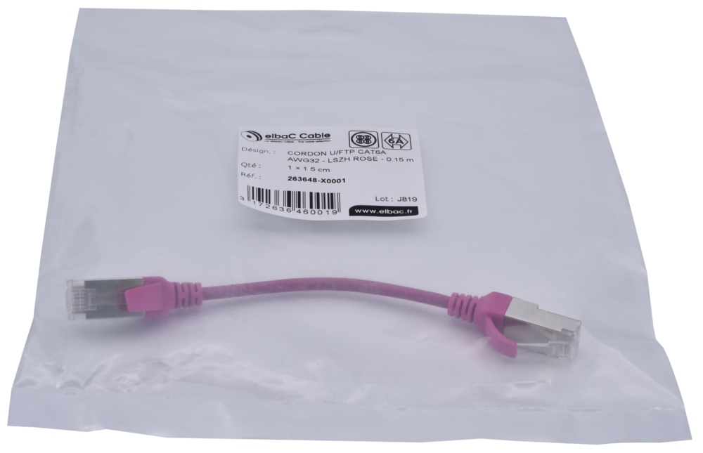 Image du produit CORDON U/FTP CAT6A AWG32 LSZH ROSE 0.15M Cordon 1 PC 0.15m