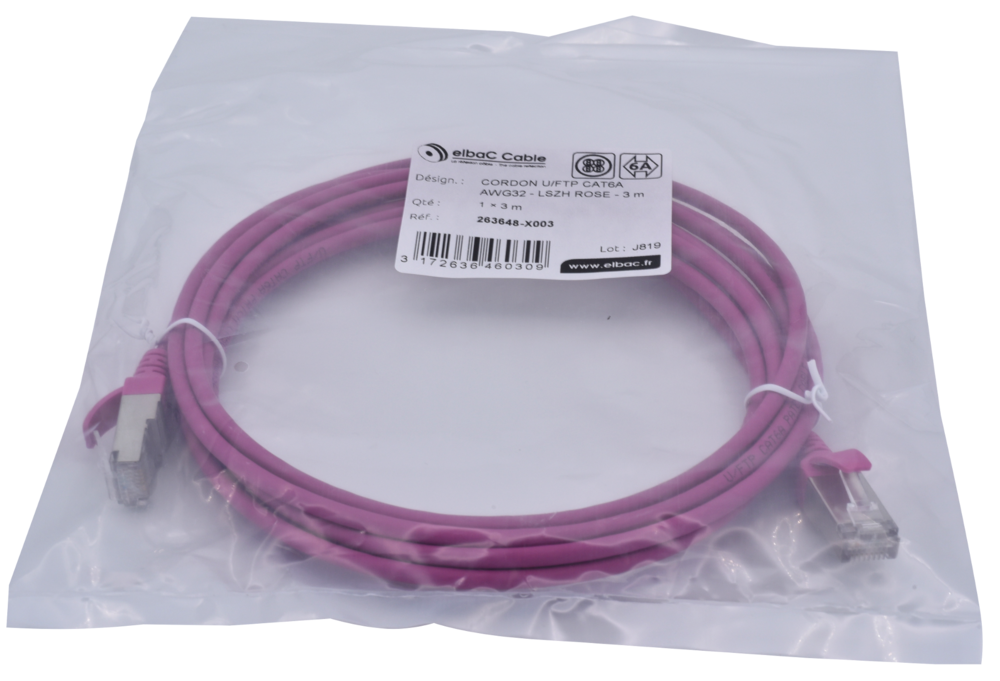 Image du produit CORDON U/FTP CAT6A AWG32 LSZH ROSE 3M Cordon 1 PC 3m